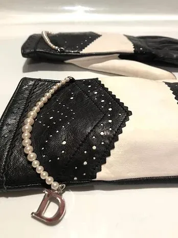 2000s CHRISTIAN DIOR BLACK WHITE LEATHER GLOVES WITH PEARLS