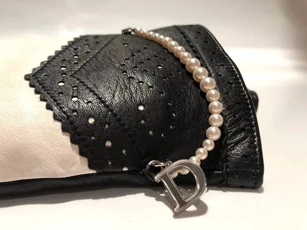 2000s CHRISTIAN DIOR BLACK WHITE LEATHER GLOVES WITH PEARLS