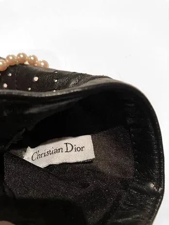 2000s CHRISTIAN DIOR BLACK WHITE LEATHER GLOVES WITH PEARLS