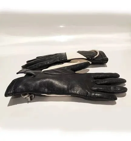 2000s CHRISTIAN DIOR BLACK WHITE LEATHER GLOVES WITH PEARLS