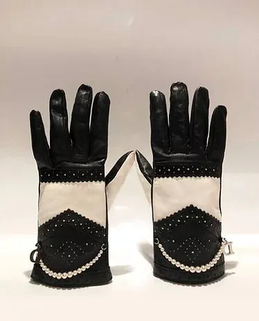 2000s CHRISTIAN DIOR BLACK WHITE LEATHER GLOVES WITH PEARLS