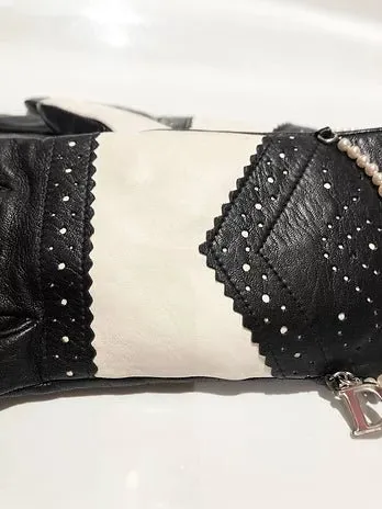 2000s CHRISTIAN DIOR BLACK WHITE LEATHER GLOVES WITH PEARLS