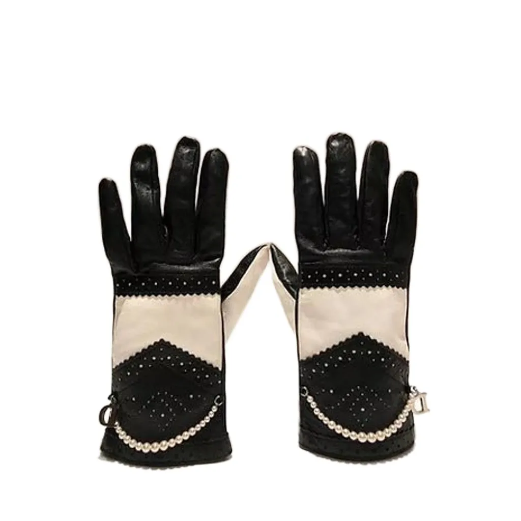 2000s CHRISTIAN DIOR BLACK WHITE LEATHER GLOVES WITH PEARLS