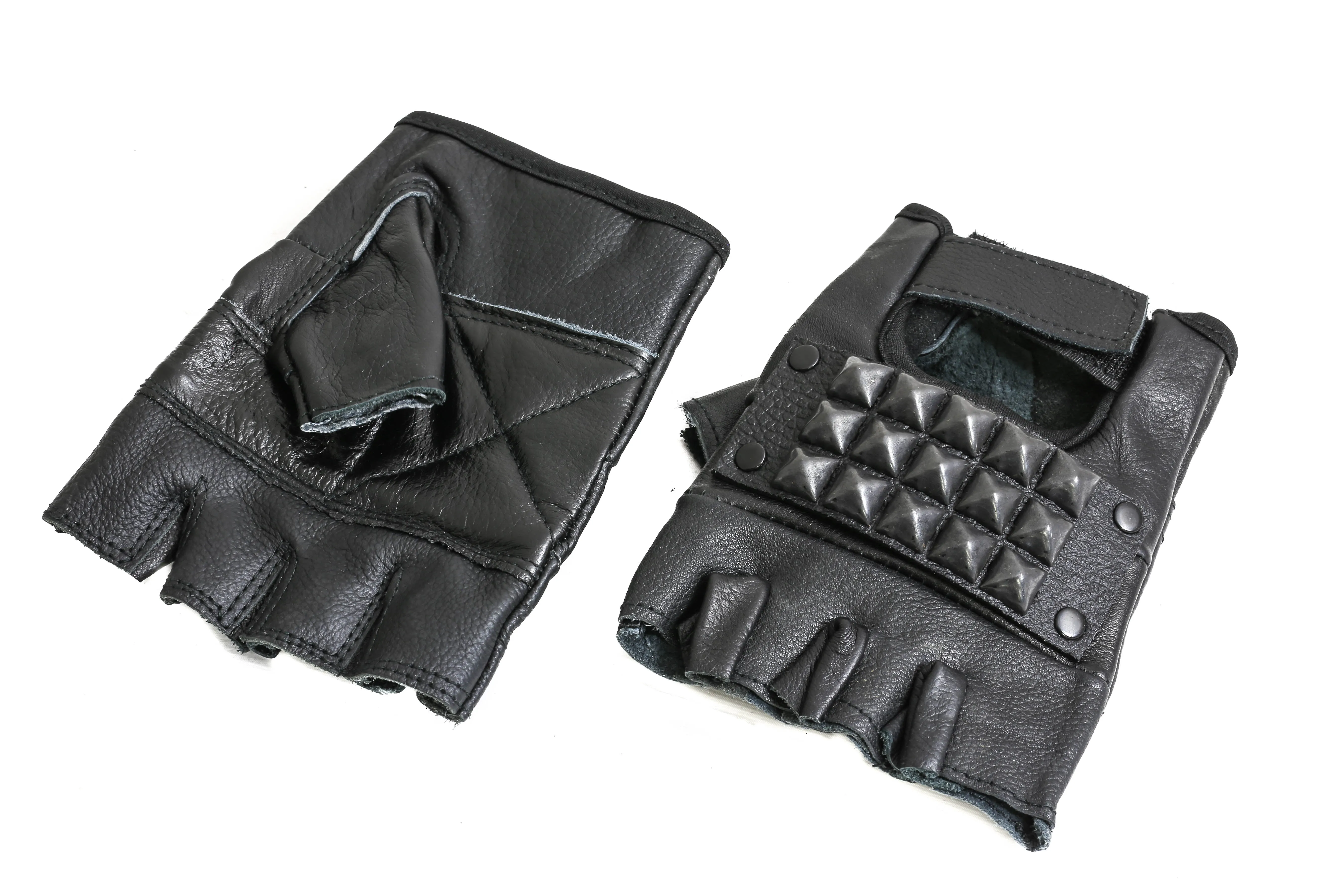 Black Studded Genuine Leather Fingerless Gloves Pair