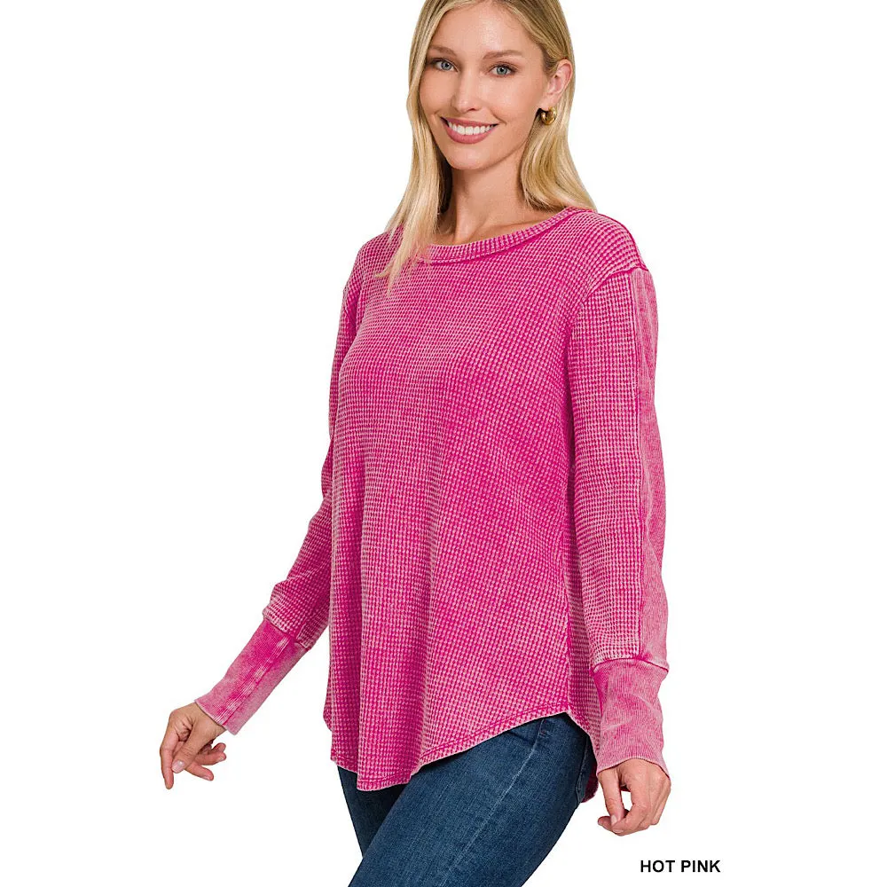 Bright Pink Thermal Waffle Knit Long Sleeve Layering Top