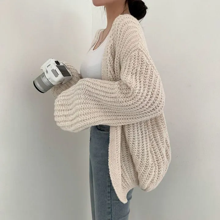 Casual Loose Comfy Chunky Open Knit Lantern Cardigan Sweater Knitwear