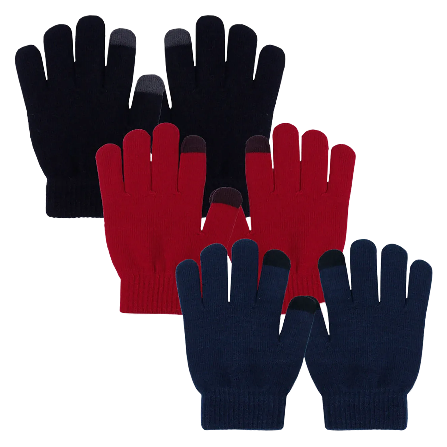 EvridWear Kids Black/Red/Navy Touchscreen Gloves - 3 Pairs