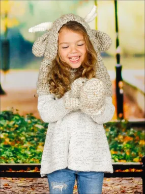 Girls Knitted Reindeer Hat with Matching Mittens