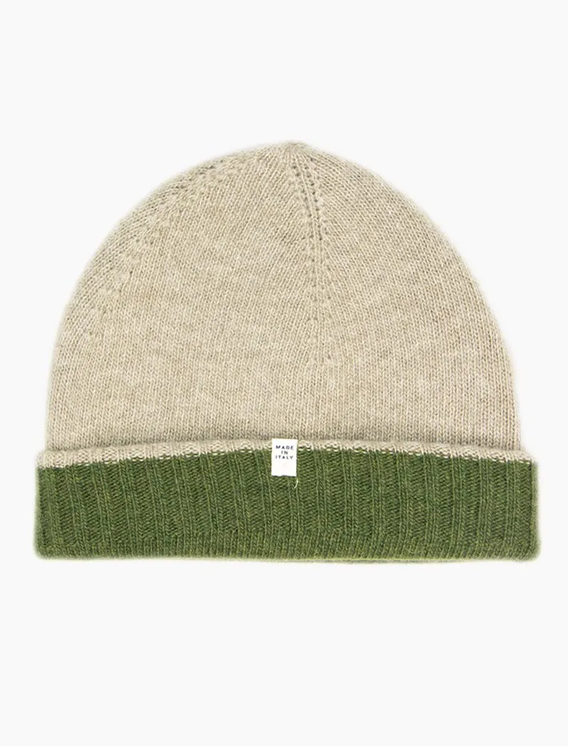 Green & Beige Reversible Fitted Wool & Cashmere Beanie