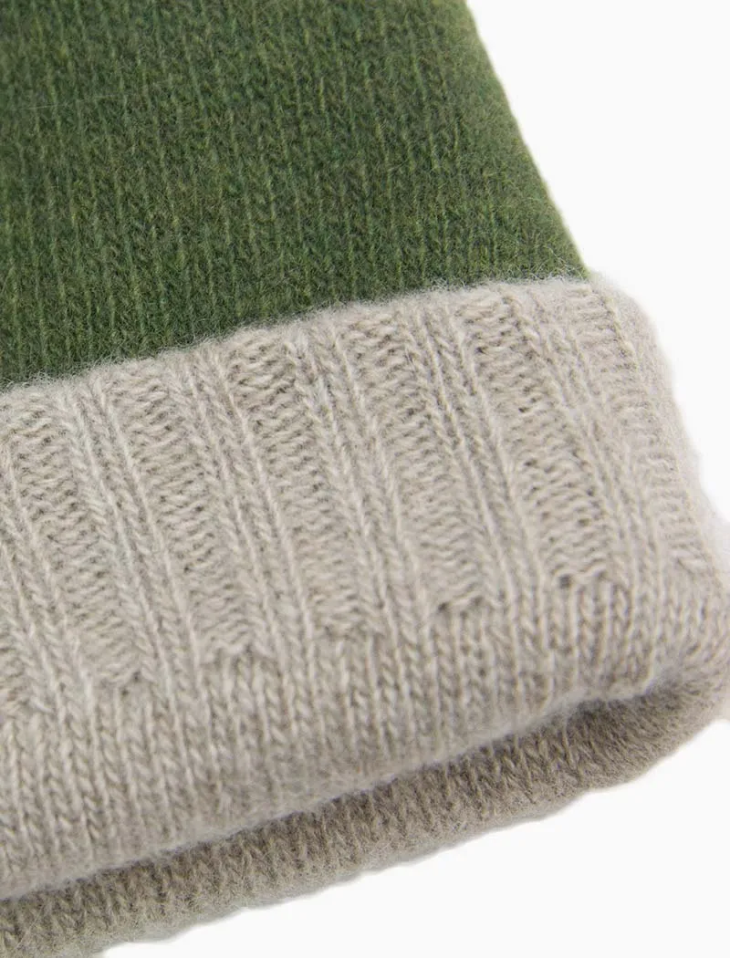 Green & Beige Reversible Fitted Wool & Cashmere Beanie