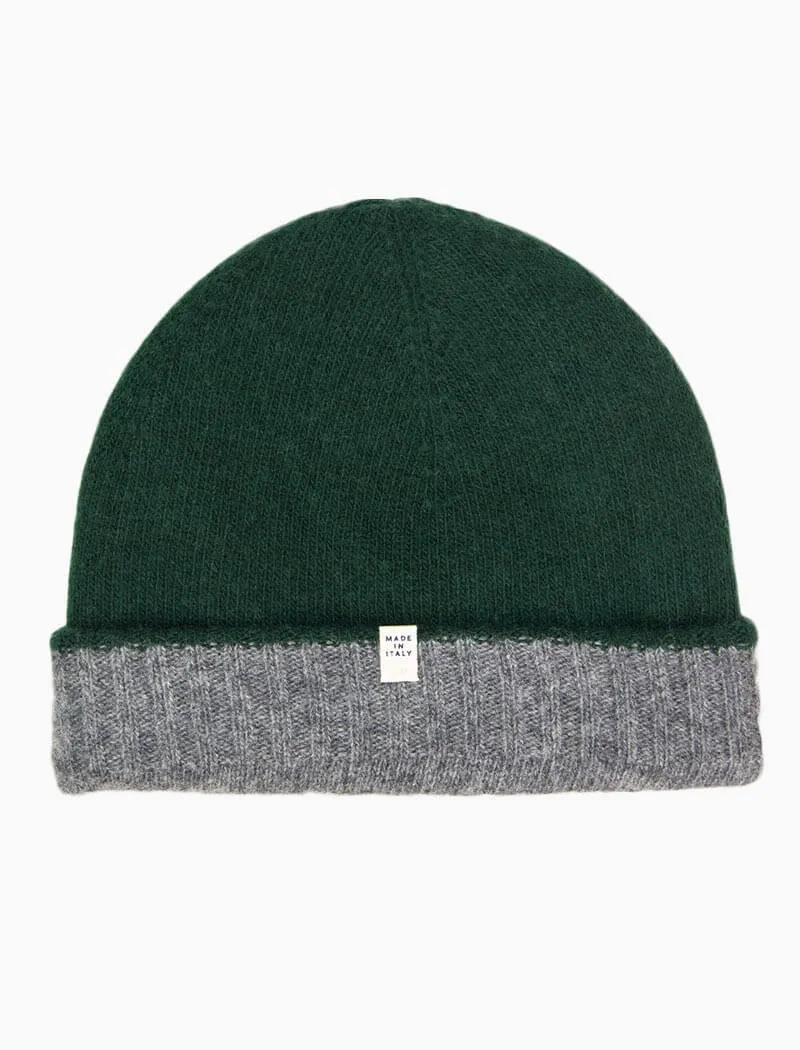 Grey & Green Reversible Fitted Wool & Cashmere Beanie