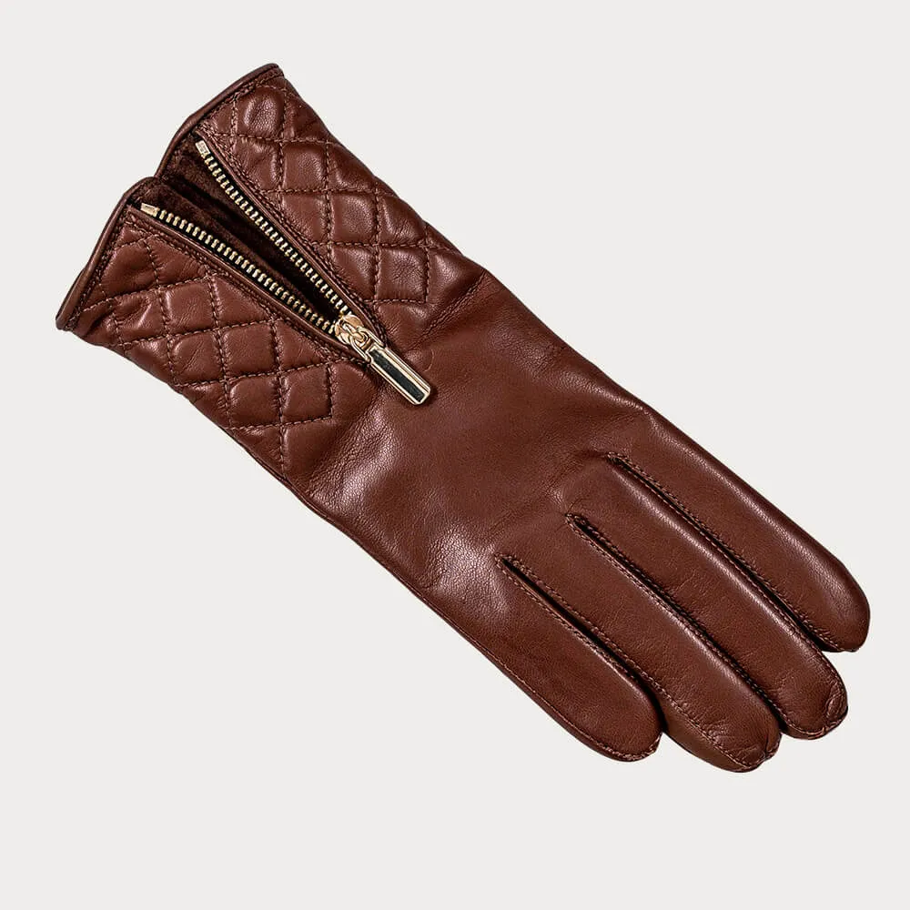 Hazelnut Quilted Leather Gloves with Zip - Cashmere Lined