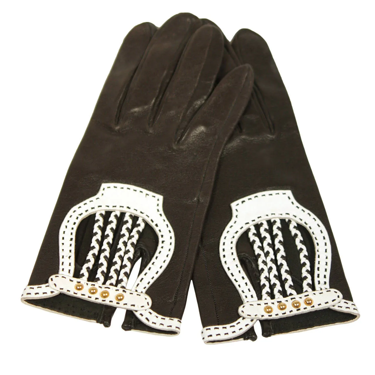 HERMES Black Leather Gloves with White Accents and Braiding Size 6 1/2