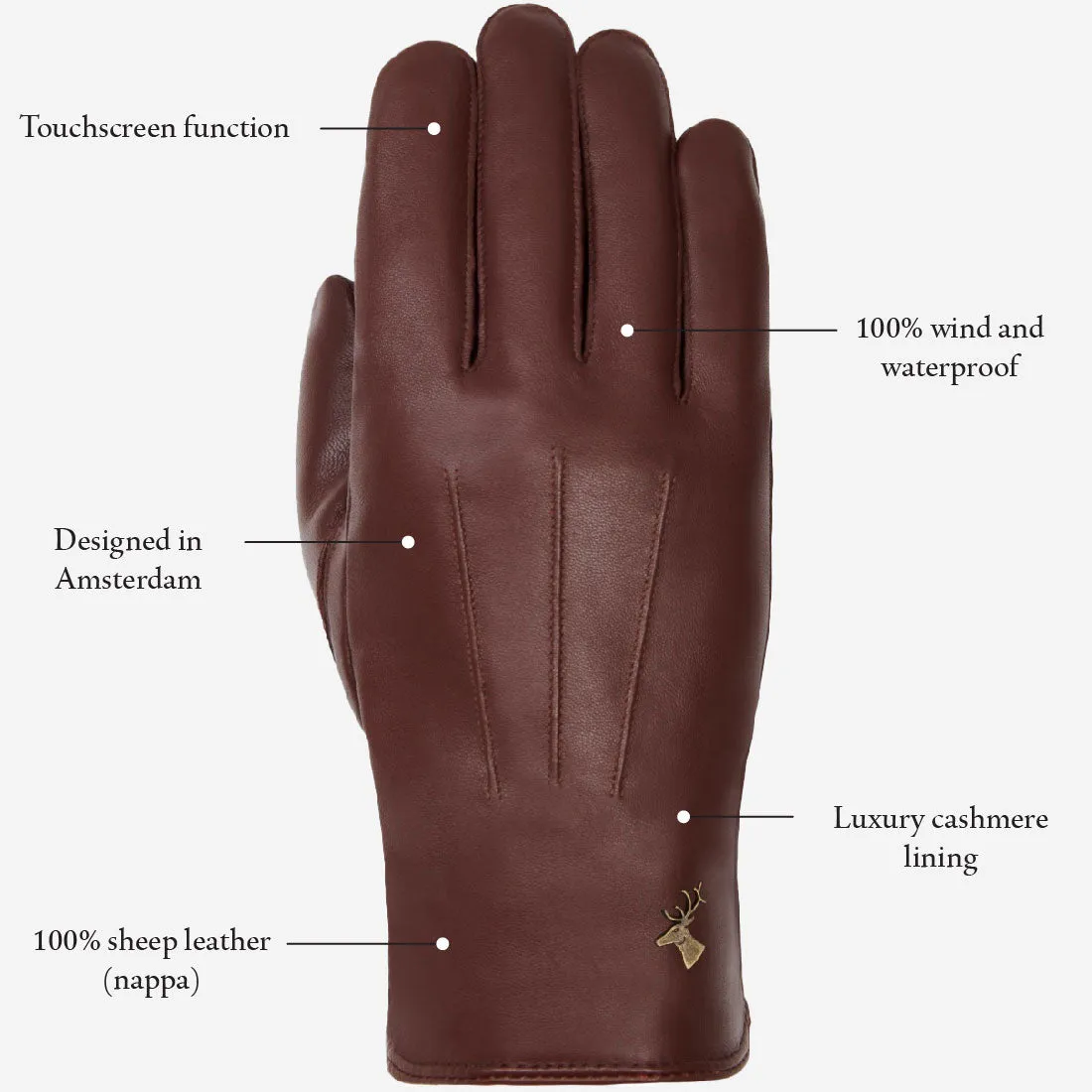 James (brown) - classic sheepskin leather gloves with luxurious cashmere lining & touchscreen feature