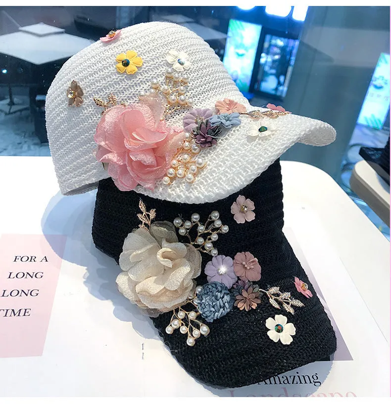 Knitted Flower Rhinestone Baseball Cap Women's Handmade Applique Sunshade