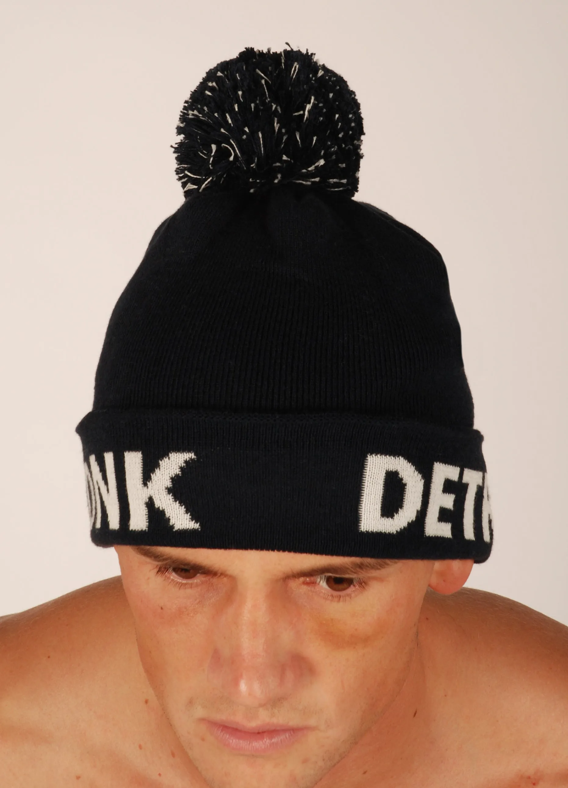 KRONK Detroit Bobble Hat Black with White knitted logo