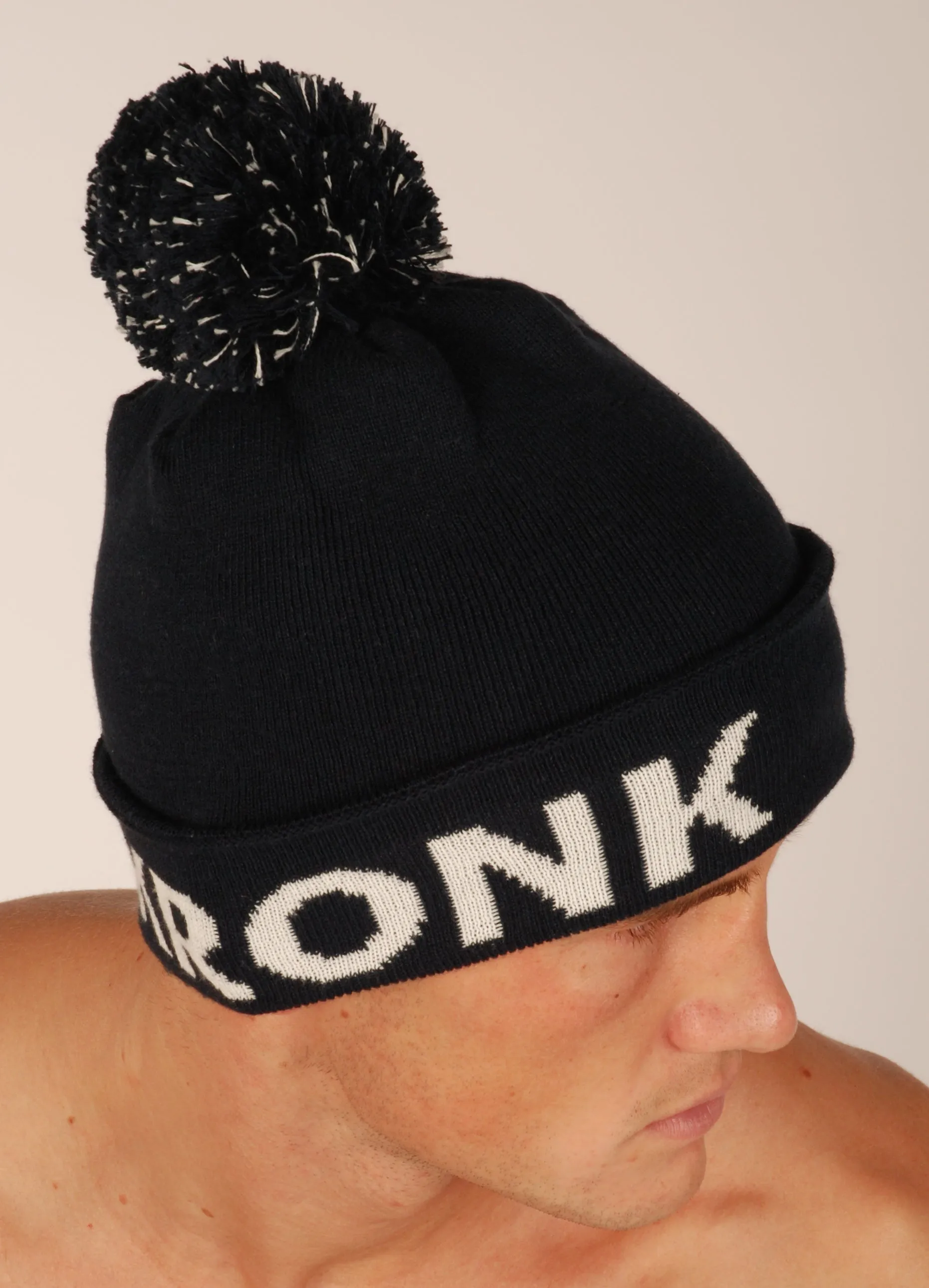 KRONK Detroit Bobble Hat Black with White knitted logo