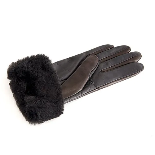 Ladies' touchscreen leather gloves with faux fur cuff, cashmere lining