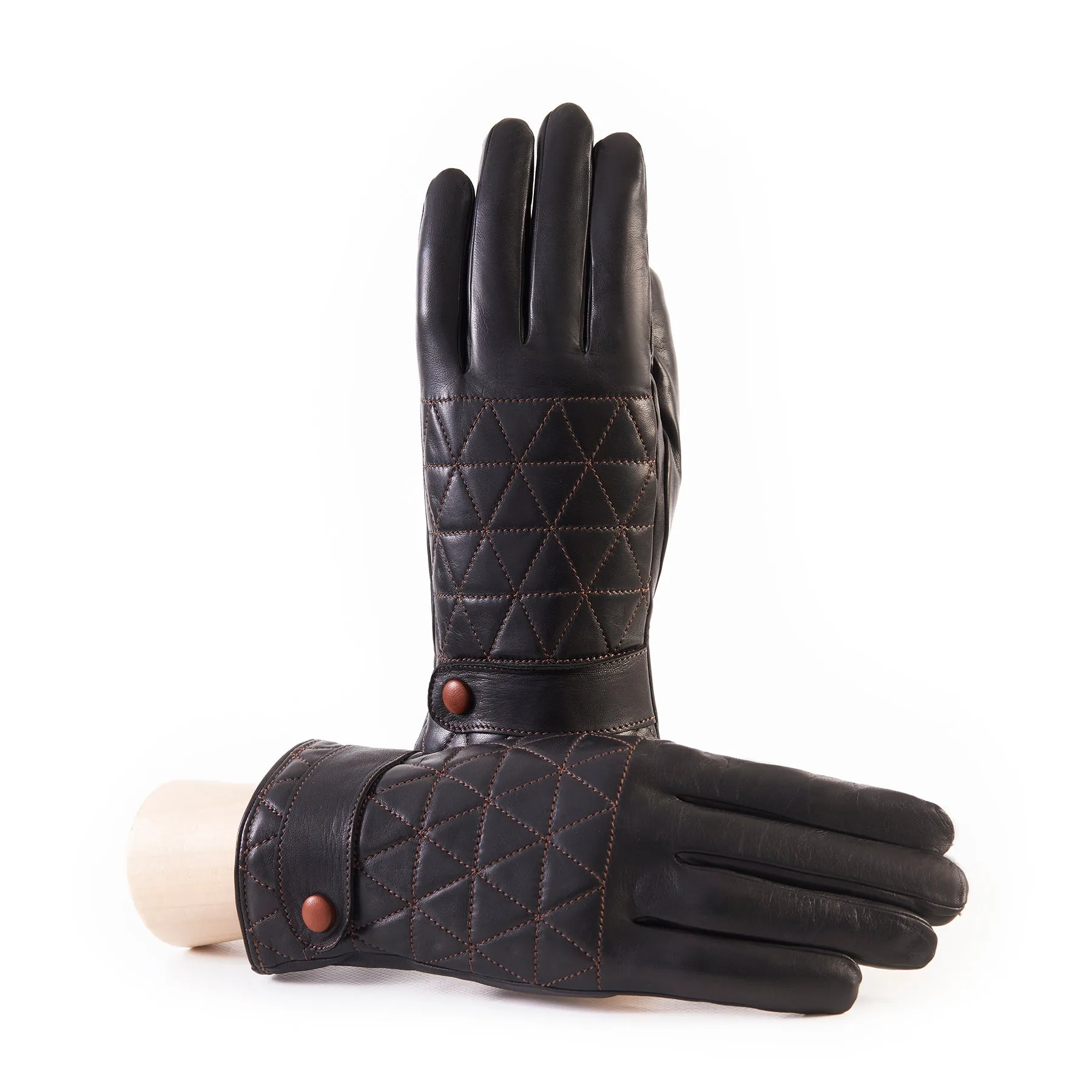 Men's dark brown quilted top sheepskin gloves with strap and contrast stitching details with cashmere lining