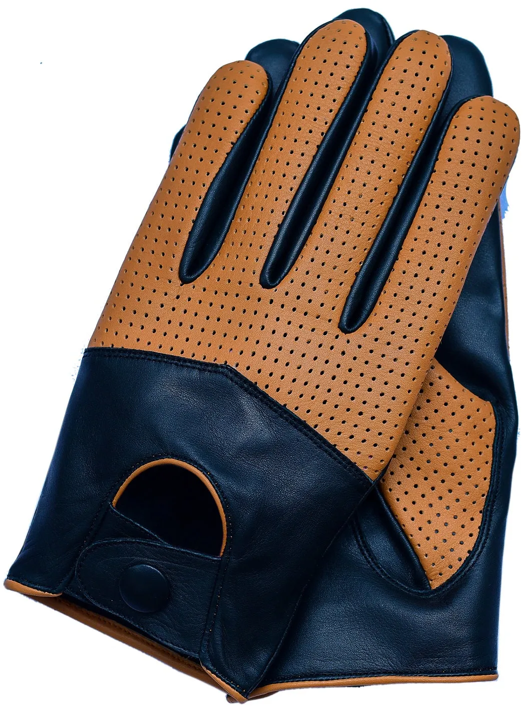 Men's Touchscreen Half Mesh Summer Driving Motorcycle Leather Gloves - Black/Cognac