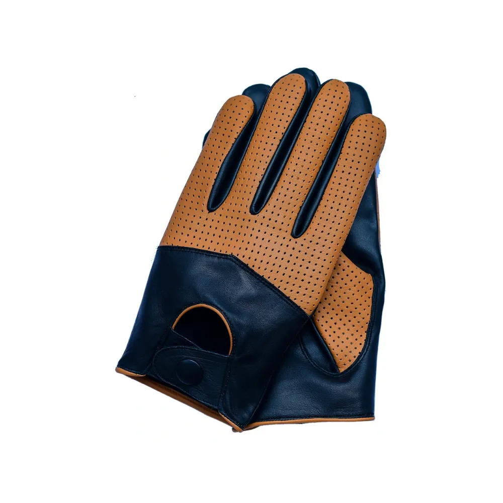 Men's Touchscreen Half Mesh Summer Driving Motorcycle Leather Gloves - Black/Cognac