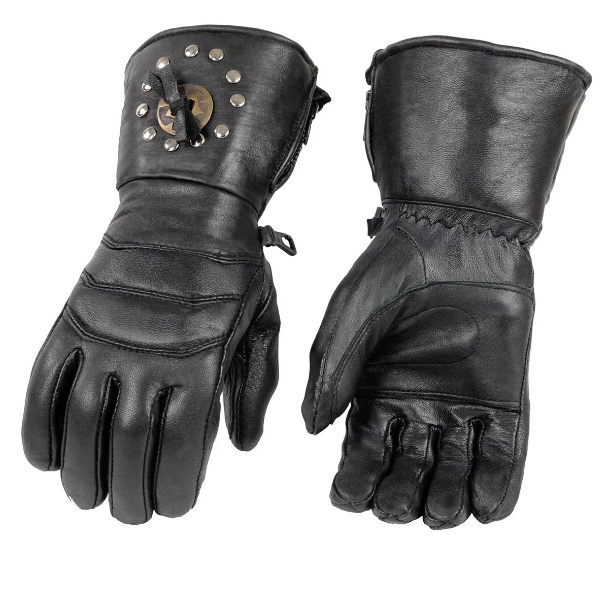 Milwaukee Leather Men's Gauntlet Motorcycle Hand Gloves-Black Leather Thermal Lined with Conchos on Cuff- SH238