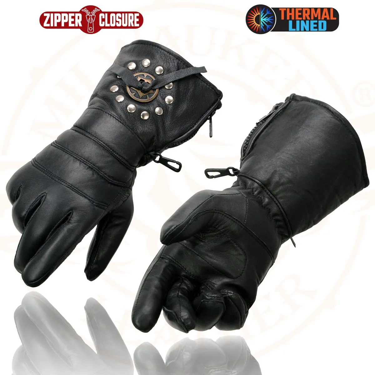 Milwaukee Leather Men's Gauntlet Motorcycle Hand Gloves-Black Leather Thermal Lined with Conchos on Cuff- SH238