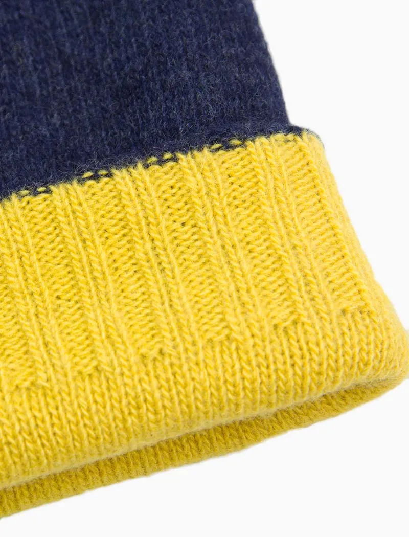 Navy & Yellow Reversible Fitted Wool & Cashmere Beanie