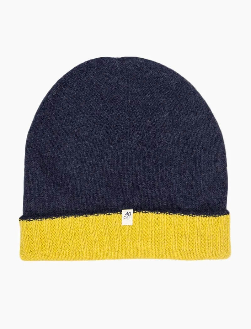 Navy & Yellow Reversible Fitted Wool & Cashmere Beanie