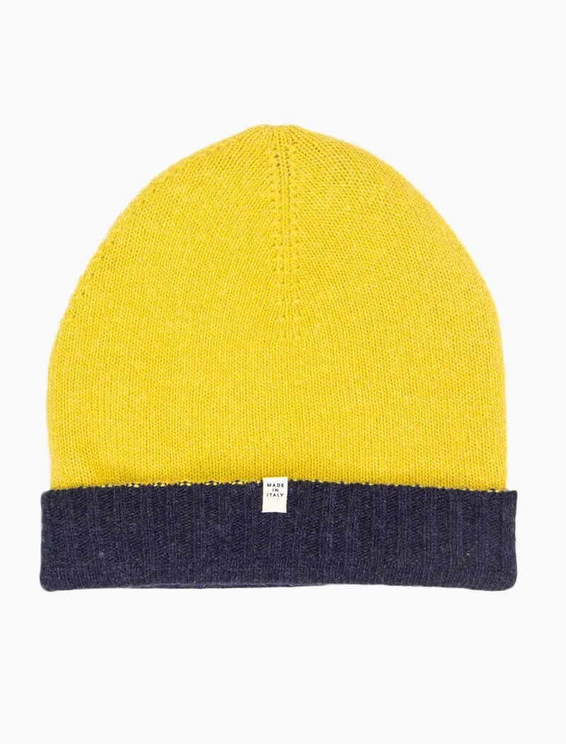 Navy & Yellow Reversible Fitted Wool & Cashmere Beanie