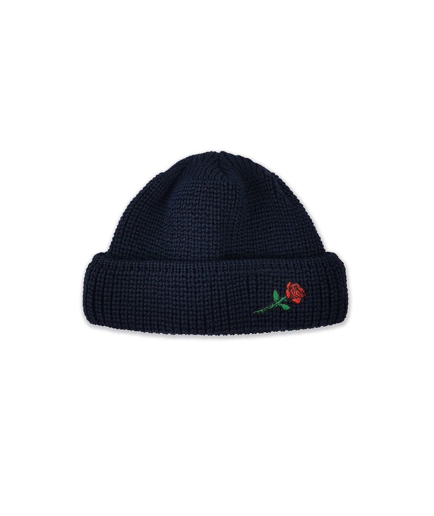 SHORT WOOL BEANIE ROSE EMBROIDERY - NAVY