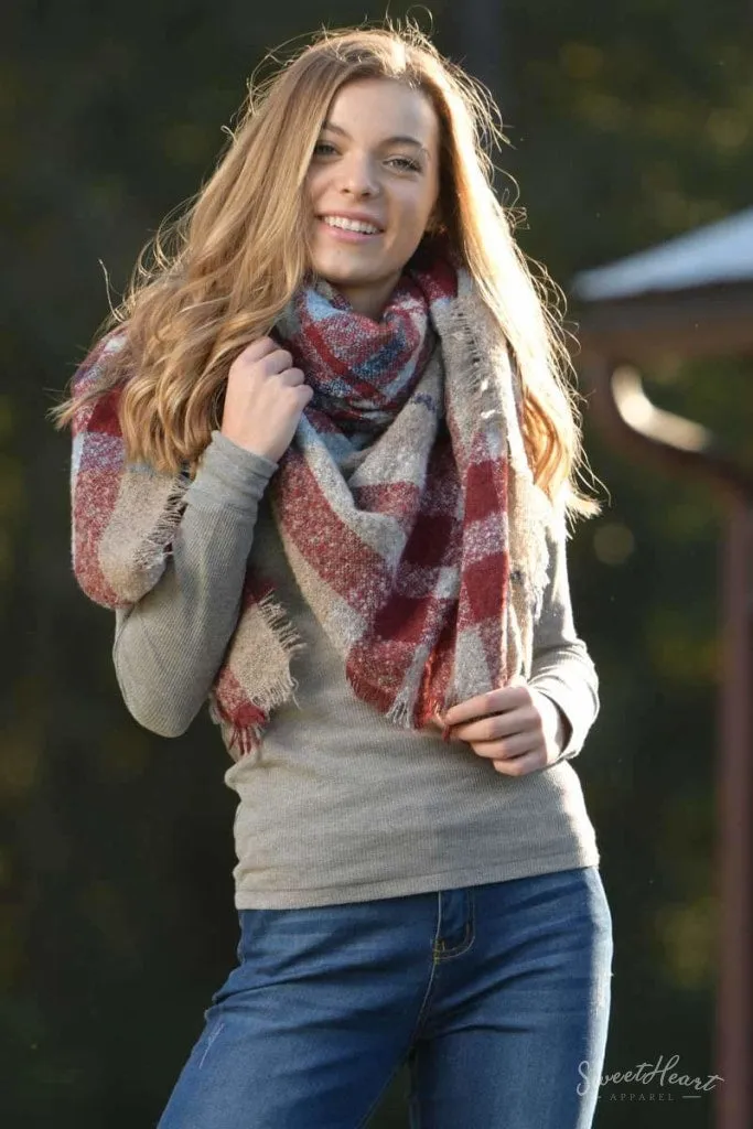 Warm Embrace Blanket Scarf - Slate & Burgundy