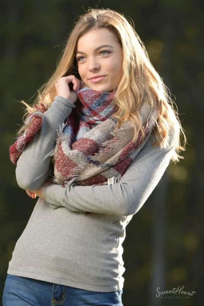 Warm Embrace Blanket Scarf - Slate & Burgundy