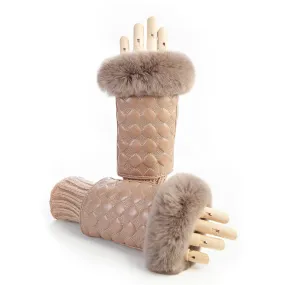 Women's alpaca leather fingerless with wool cuff and natural fur on finger tips