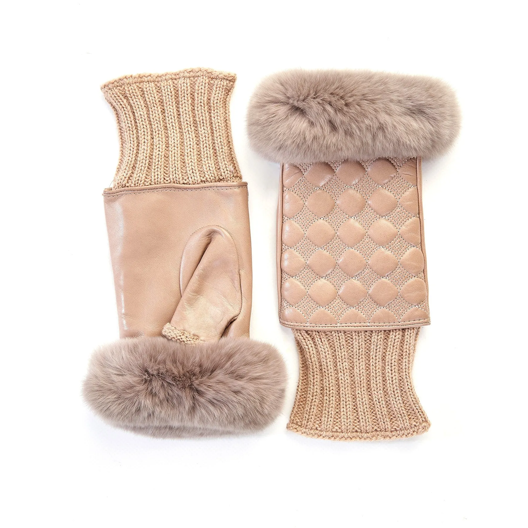 Women's alpaca leather fingerless with wool cuff and natural fur on finger tips