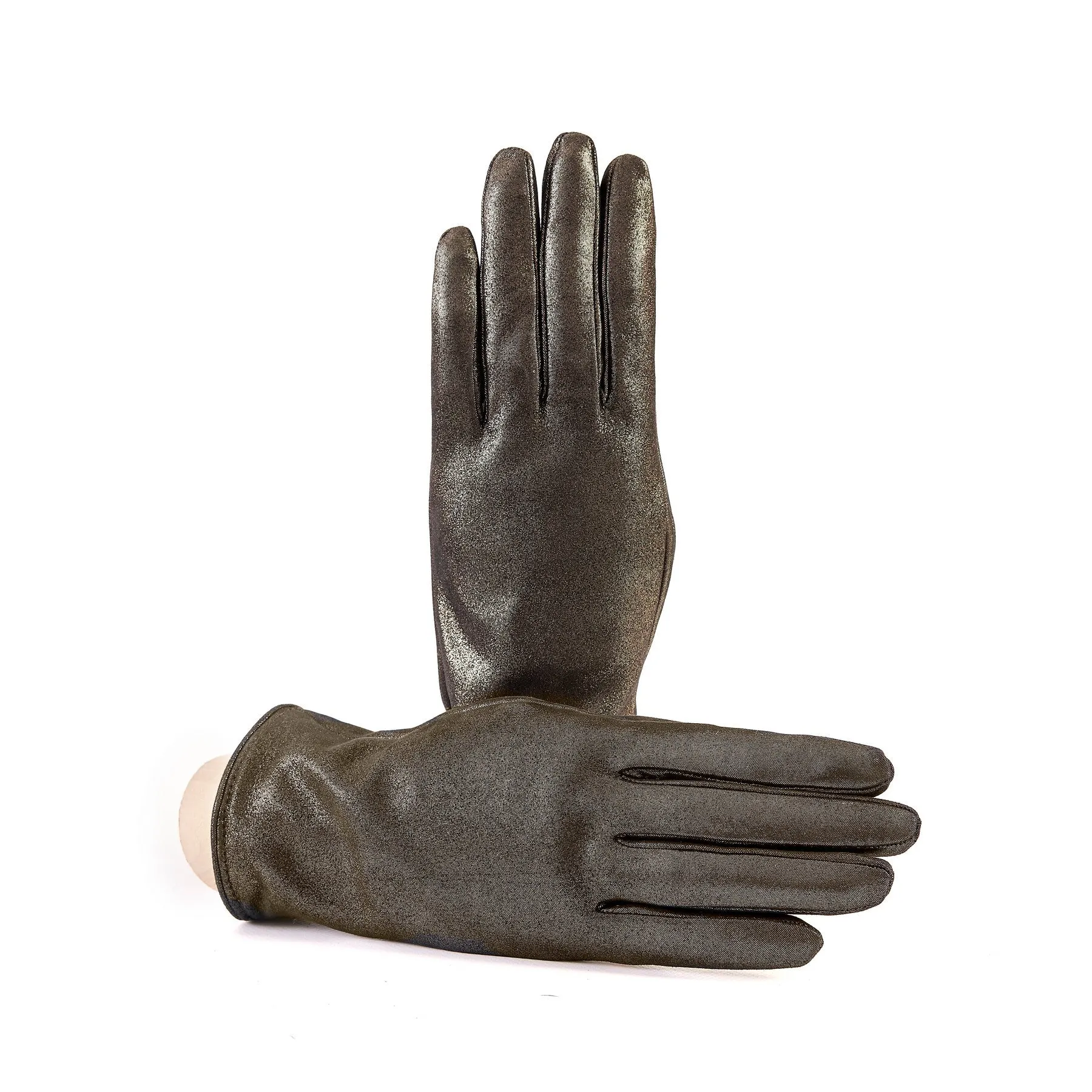 Women’s basic gold soft laminated suede leather gloves with palm opening and cashmere lining