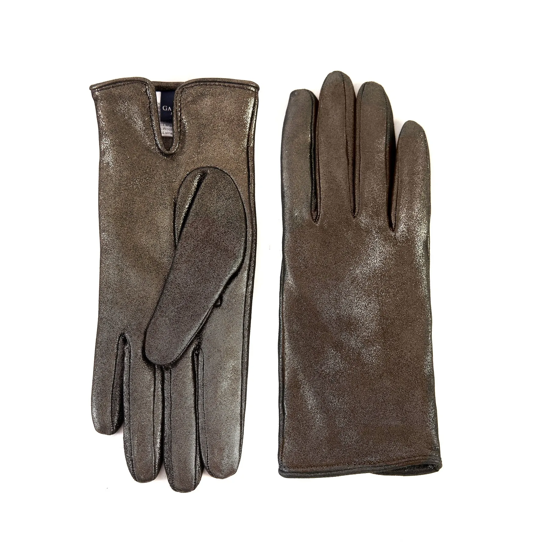 Women’s basic gold soft laminated suede leather gloves with palm opening and cashmere lining