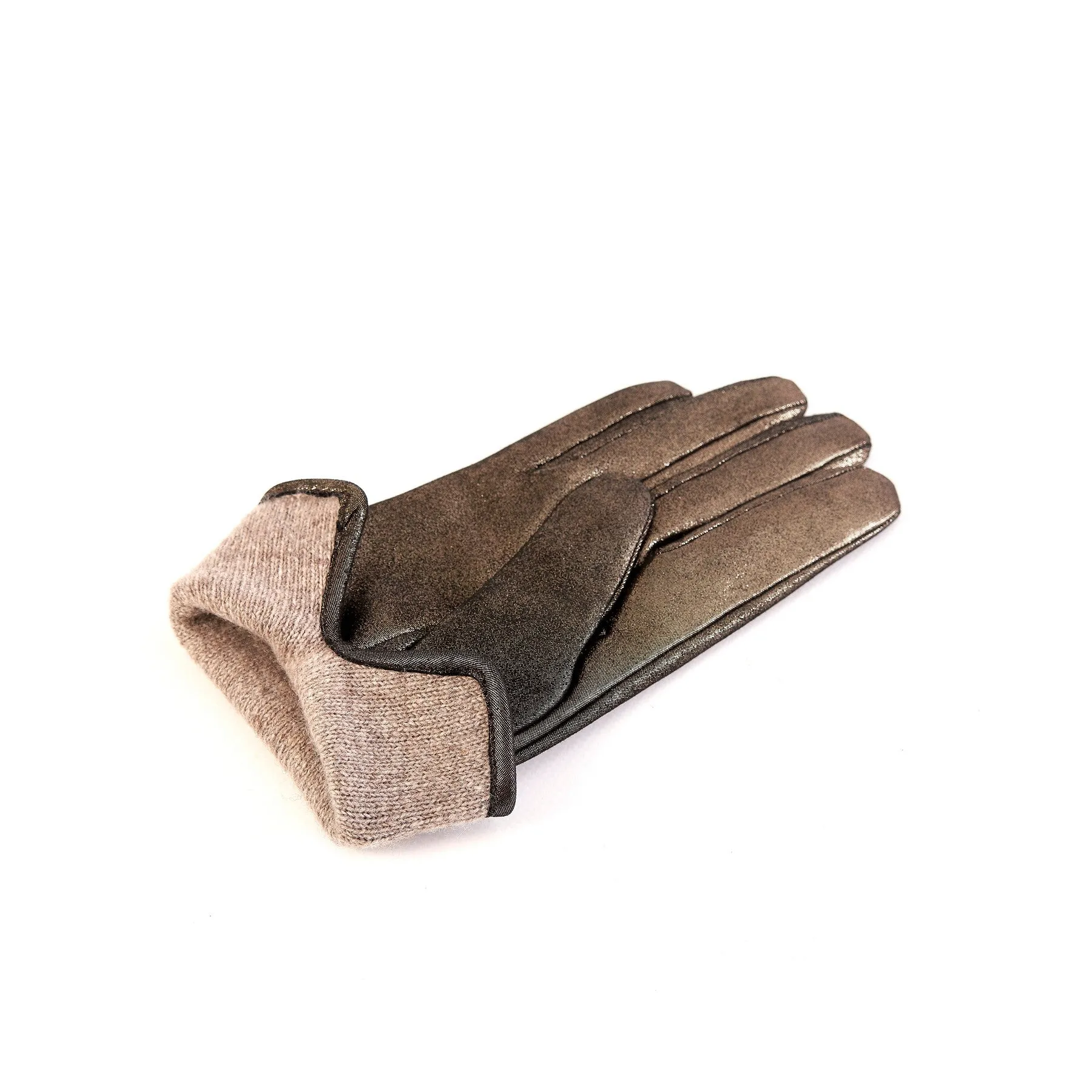 Women’s basic gold soft laminated suede leather gloves with palm opening and cashmere lining