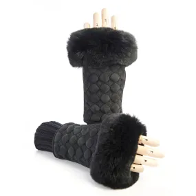 Women's black suede leather fingerless with wool cuff and natural fur on finger tips