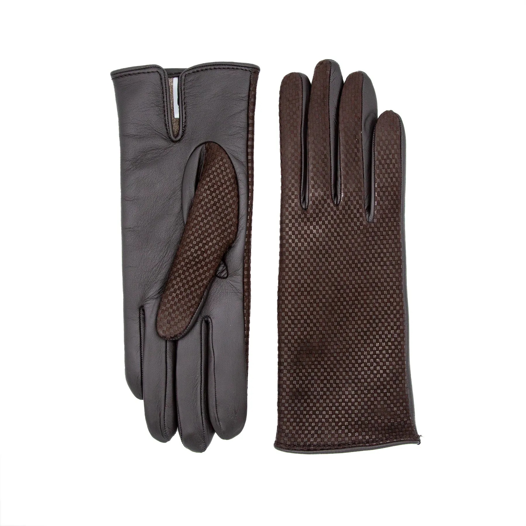 Women's brown printed nappa touchscreen leather gloves and cashmere lining