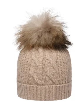 Women's Cable Cashmere Hat With Fur Pom Oatmeal Brown