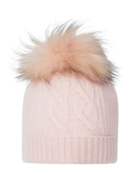 Women's Cable Cashmere Hat With Fur Pom Quartz Pink